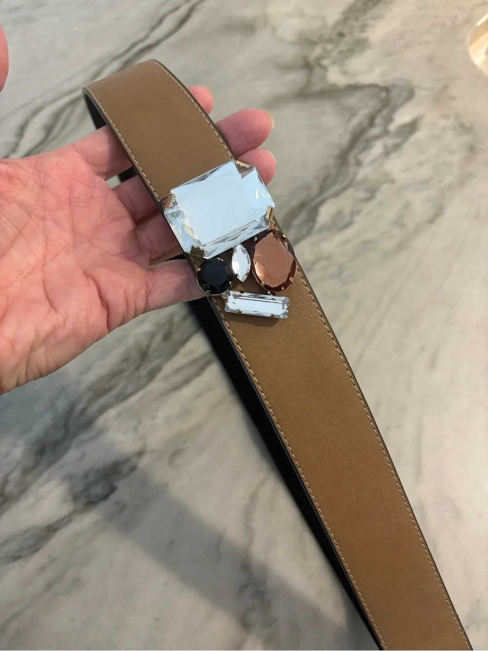 Women’s Tan Leather Belt with Crystal Accent